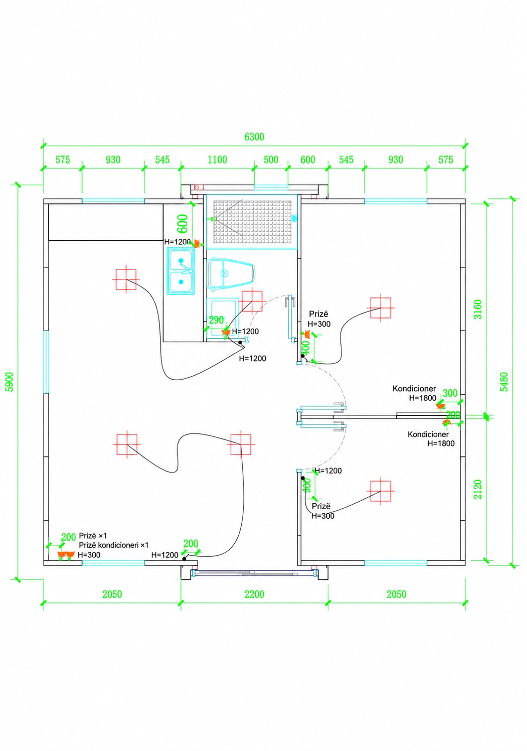 Skema elektrike e modelit DOMIO 37 m² me derë rrëshqitëse, me vendndodhjen e prizave, ndriçimit dhe pikave për kondicioner.