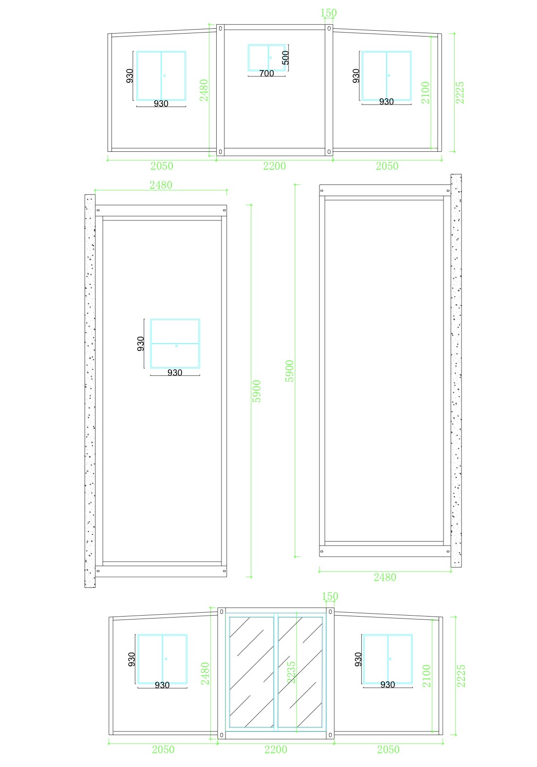 Vizatimet e pamjeve të jashtme të modelit DOMIO 37 m², me përmasat e mureve, dritareve dhe hyrjes.