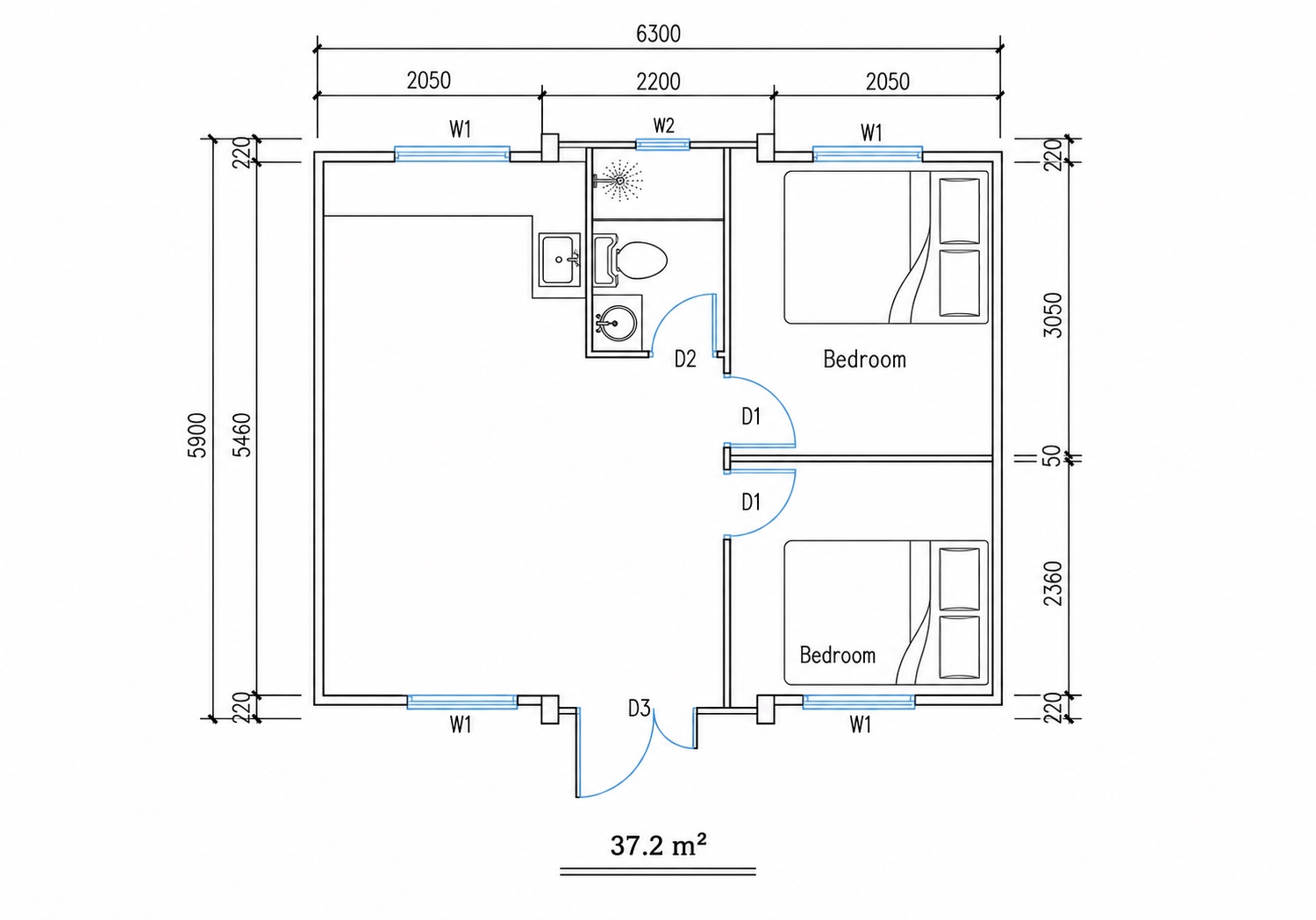 Planimetria e modelit DOMIO 37 m² me përmasat dhe organizimin e ambienteve.