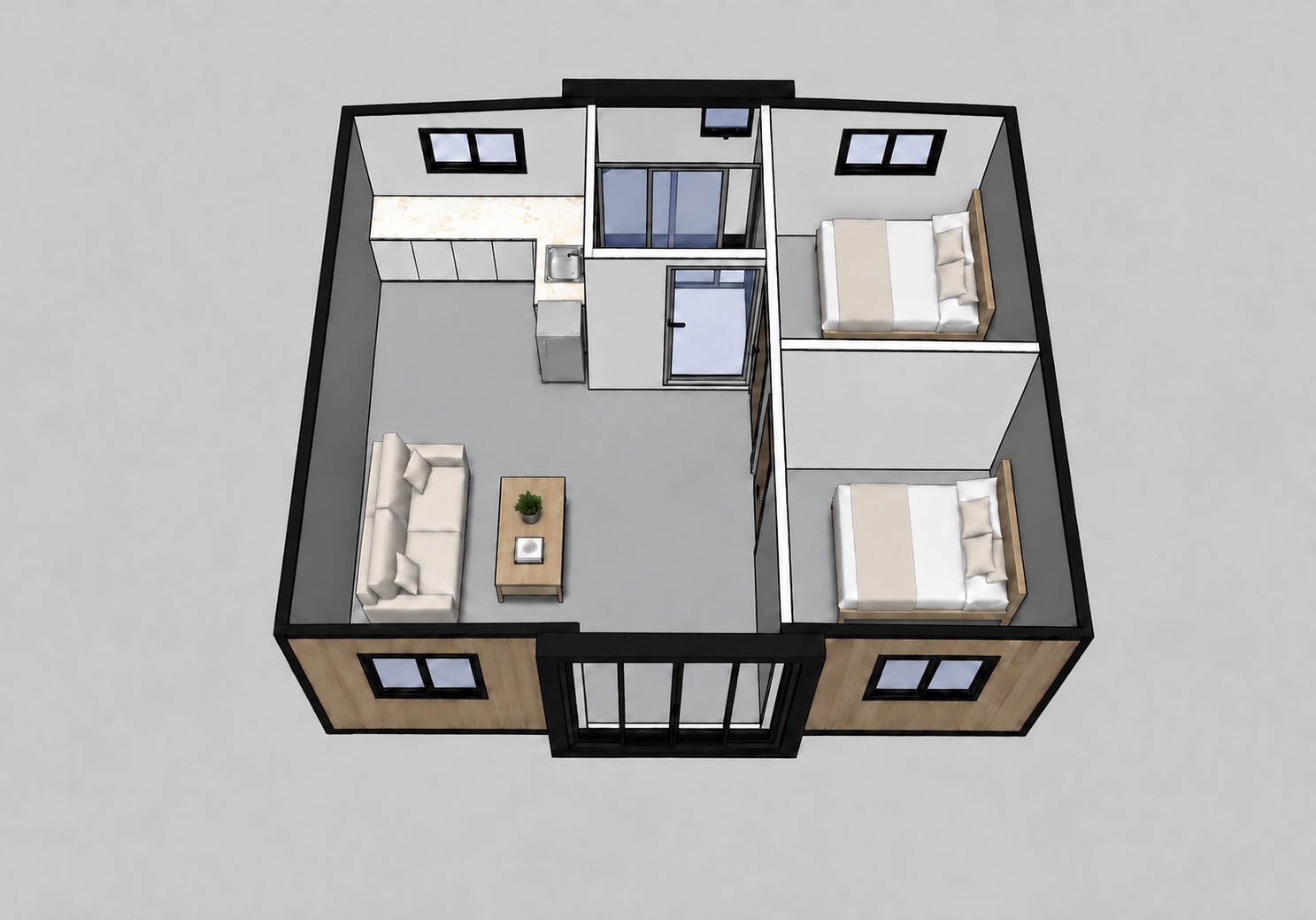 Pamje 3D ilustruese e organizimit të brendshëm të modelit DOMIO 37 m².